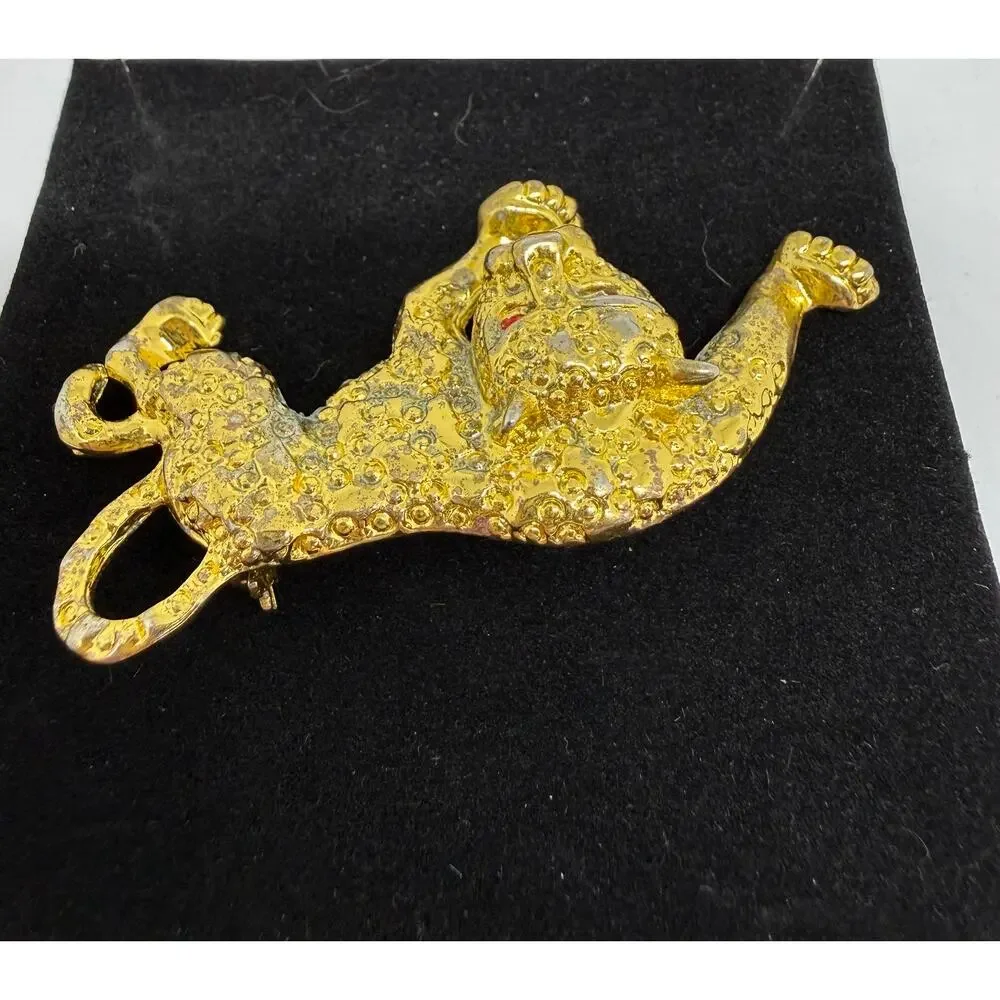 Tiger Leopard Brooch Gold Tone Red Eyes Figural Big Cat Safari Statement Jewelry